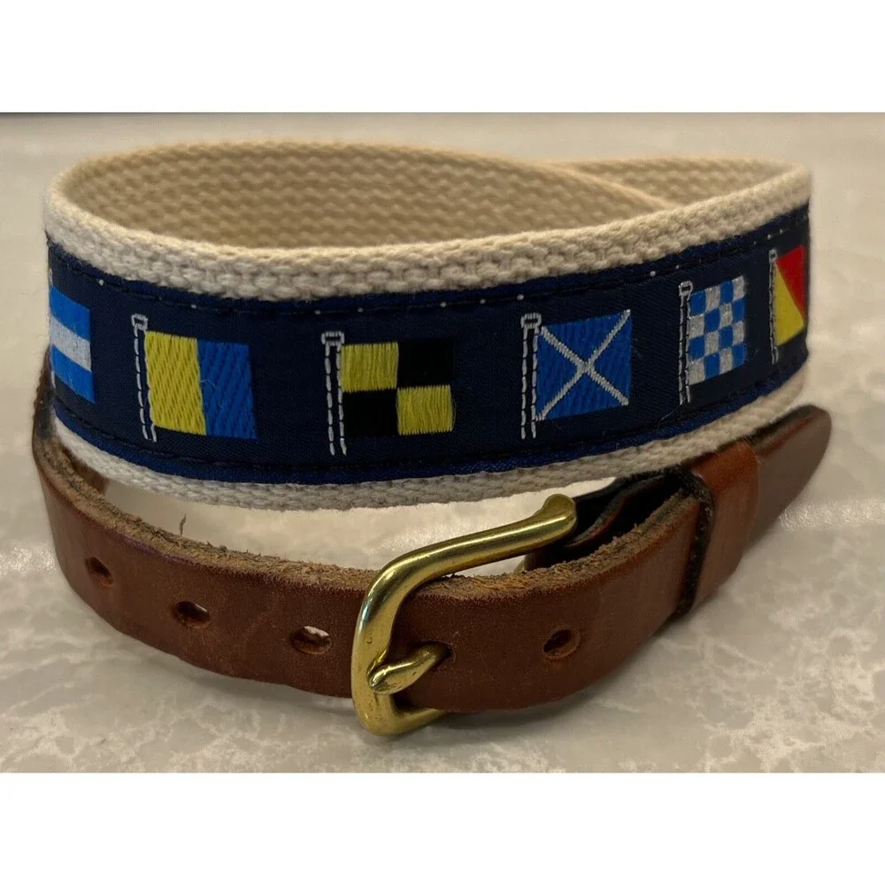 Leather Man Ltd Nautical Flags Belt Navy Canvas & Leather Essex CT Youth Size 24
